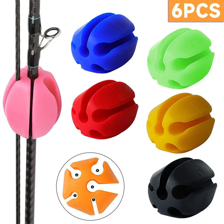 Six silicone fishing rod holder straps in various colors, ideal for tangle-free rod protection and storage.