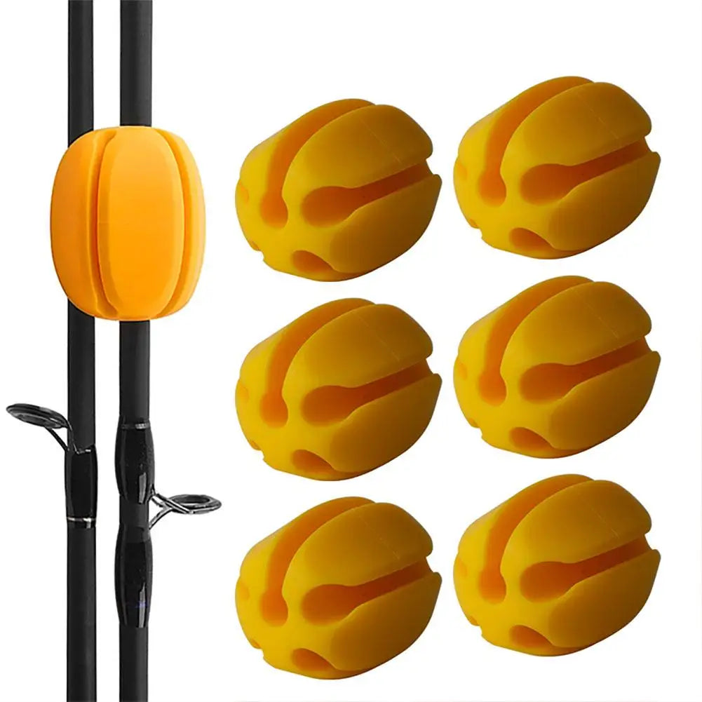 Collection of various fishing rod accessories including silicone straps, highlighting comprehensive rod protection.