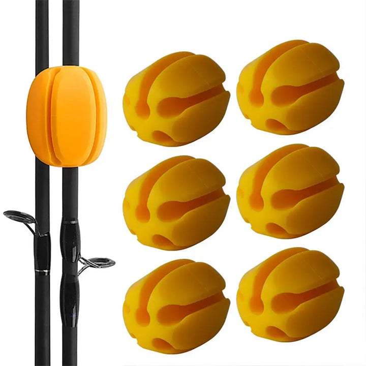 Collection of various fishing rod accessories including silicone straps, highlighting comprehensive rod protection.