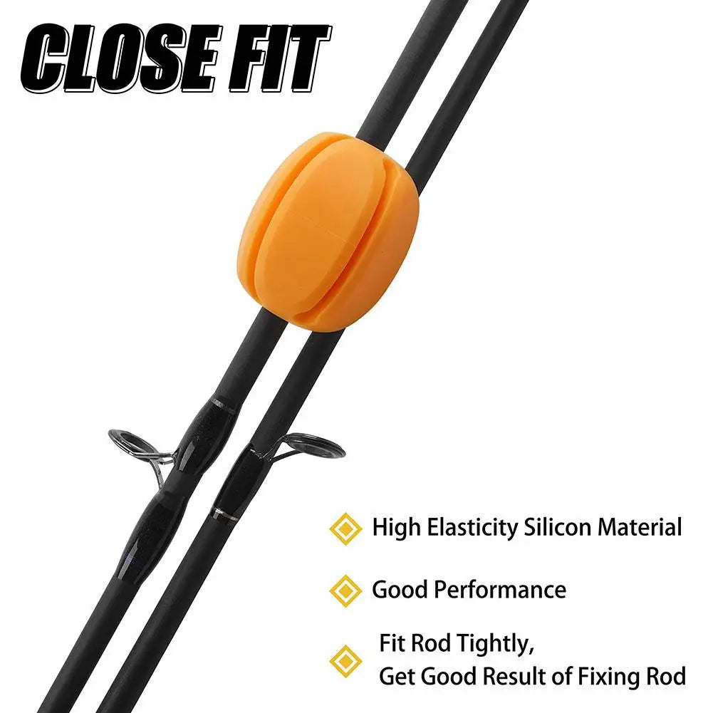 Close-up of a blue silicone fishing rod strap, showcasing its soft rubber texture for angler gear protection.