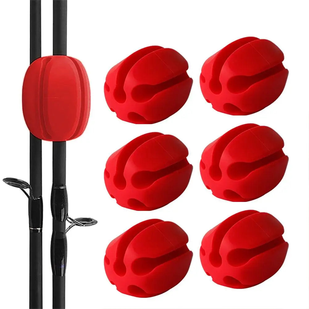 Set of six silicone rod holder straps in packaging, ready for use as essential fishing tools and accessories.