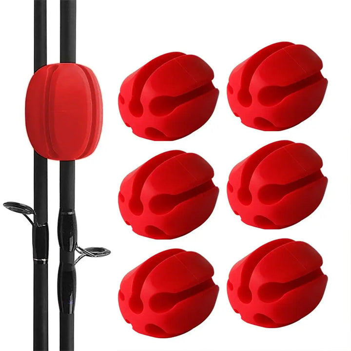 Set of six silicone rod holder straps in packaging, ready for use as essential fishing tools and accessories.