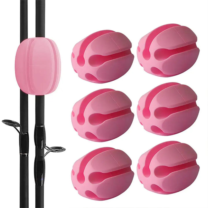 Silicone rod straps securing multiple fishing rods together, preventing tangles and optimizing fishing storage.