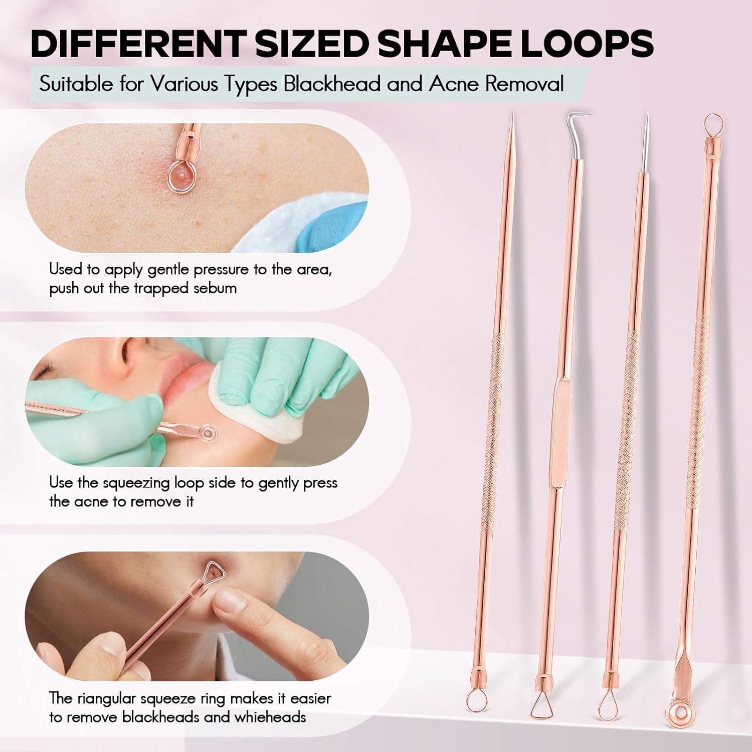 Acne treatment kit: stainless steel blackhead remover and pimple extractor tools for home use.