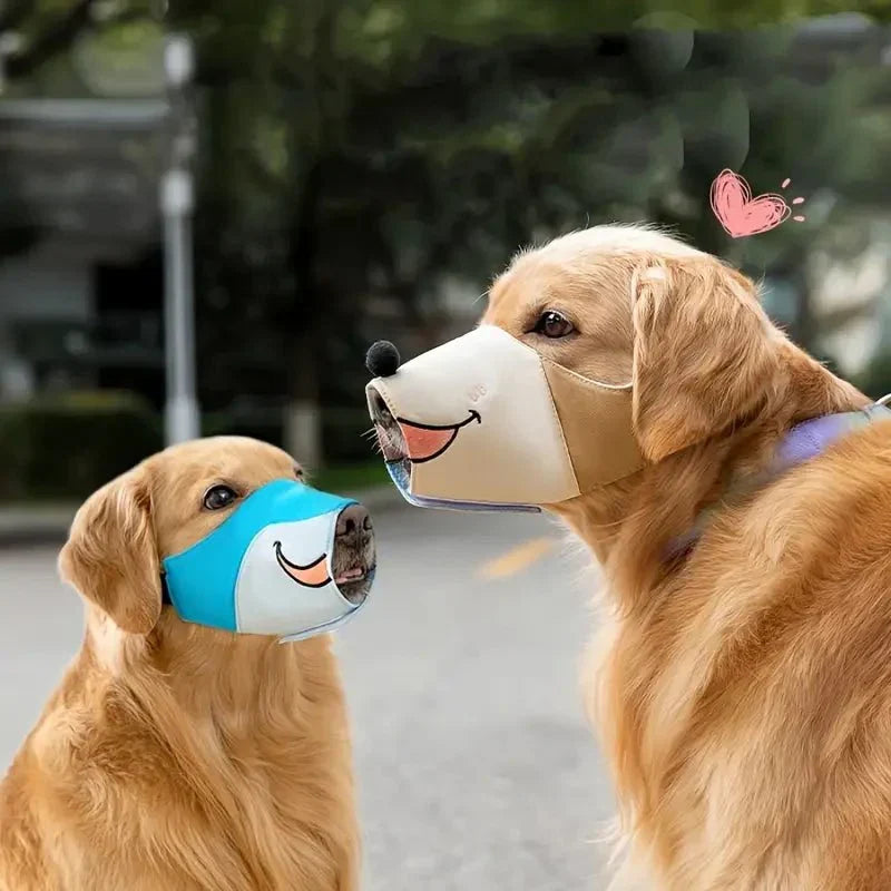 Sky blue comfortable dog muzzle with fun cartoon design, adjustable & breathable for safe pet training.