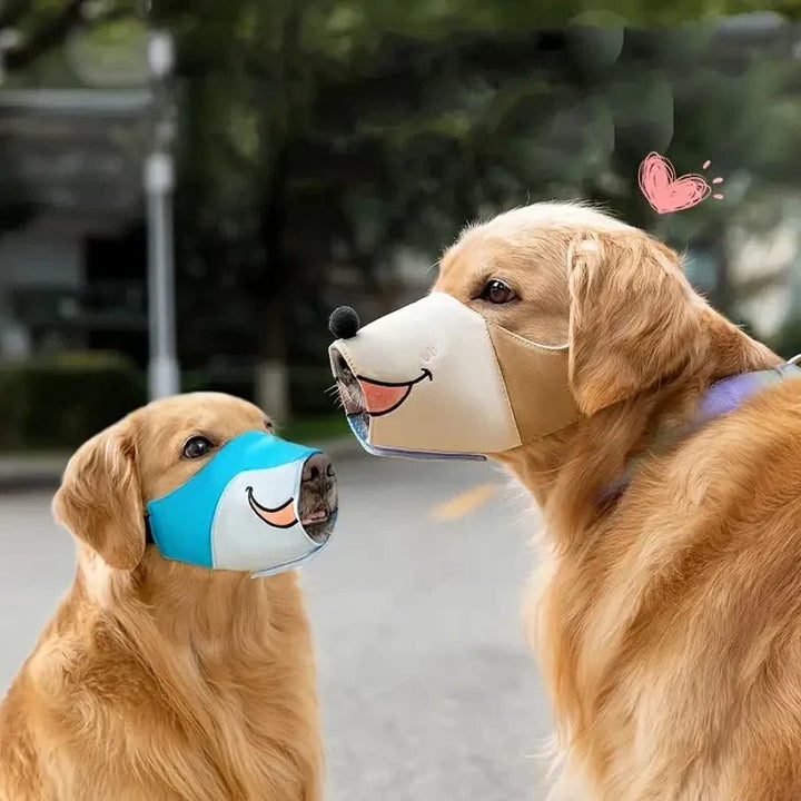 Sky blue comfortable dog muzzle with fun cartoon design, adjustable & breathable for safe pet training.