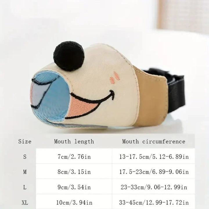 Stylish light brown dog muzzle, adjustable and breathable, with a playful cartoon print for comfortable wear.