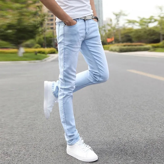 Sky blue men's dynamic stretch slim fit jeans, comfortable and versatile for modern casual wear.