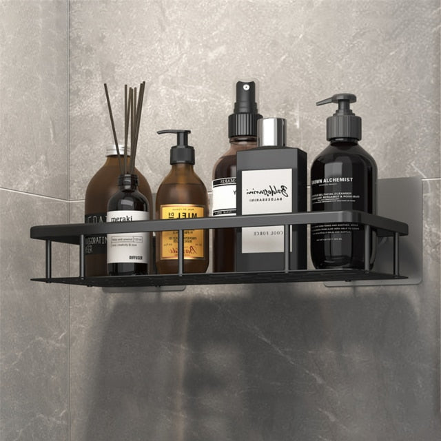 Rust-proof silver metal shower caddy, powerful suction, adds practical wall storage.