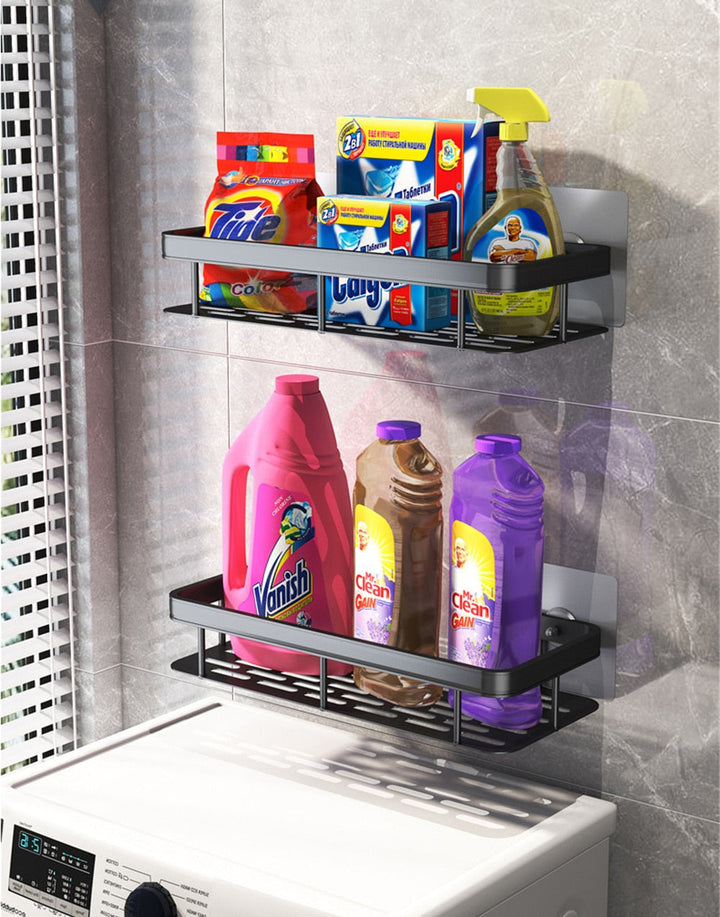 Versatile silver metal shower shelf, suction-attached for convenient, drill-free bathroom storage.