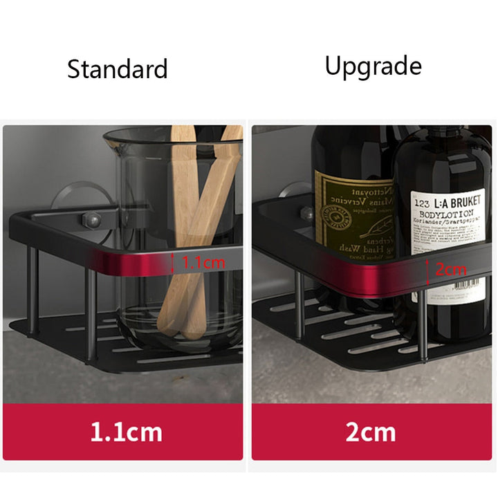 Space-efficient black metal bathroom caddy, suction cups hold firm for clutter-free showers.