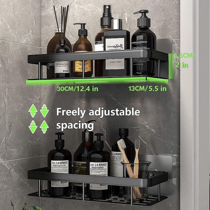 Stylish silver metal shower caddy, sleek design enhances bathroom decor & organization.