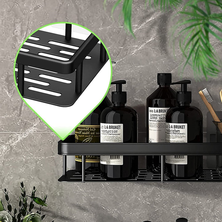 Drill-free black metal suction shower caddy, a smart choice for rental homes & quick setup.