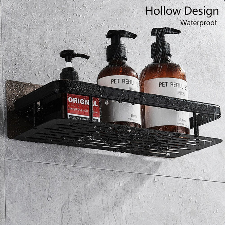 Space-saving silver metal shower caddy with powerful suction cups for easy wall mounting.