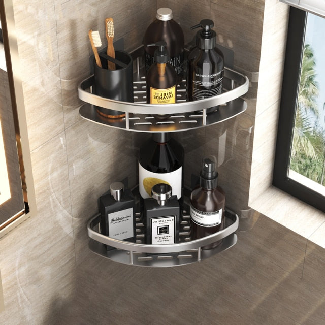 Elegant silver metal wall shelf for showers, no tools required, secure suction installation.
