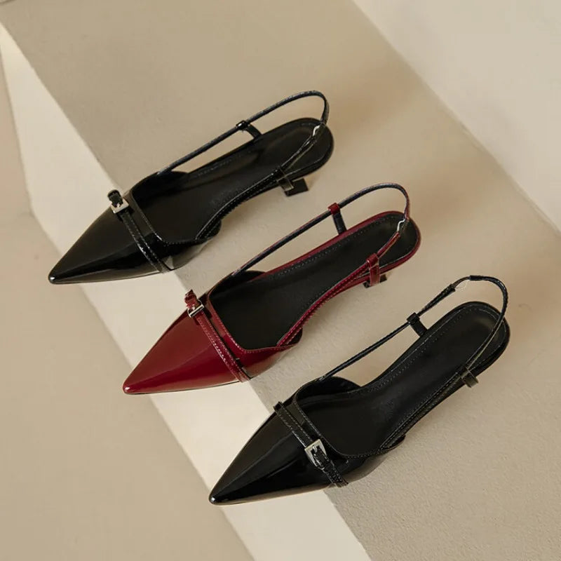 Sleek burgundy pointed toe kitten heels, women's formal slingback shoes with low heel.