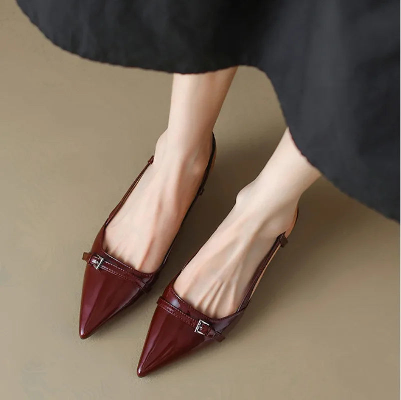 Burgundy pointed toe kitten heels, women's elegant slingback dress shoes for evening.