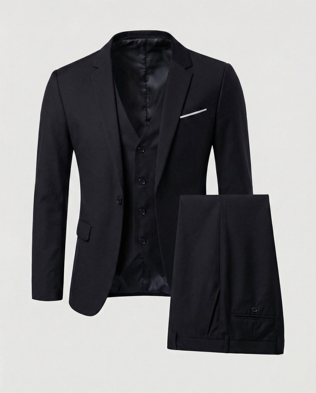 Structured men's three-piece suit, ultimate formal wear for business, weddings, and special occasions.