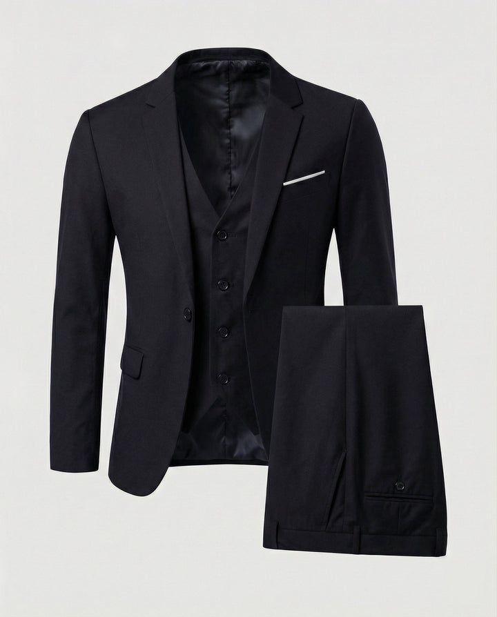 Structured men's three-piece suit, ultimate formal wear for business, weddings, and special occasions.