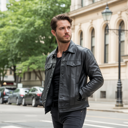 Durable men's biker jacket, ideal fall & winter outerwear for a sleek, modern look. Premium quality.