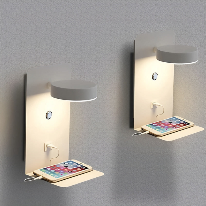 Energy-efficient indoor LED wall lamp with built-in USB port. Perfect modern lighting for bedside or desk.