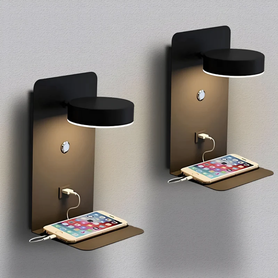 Stylish LED wall sconce for bedroom or living room. Features a convenient integrated USB charging port. Modern design.