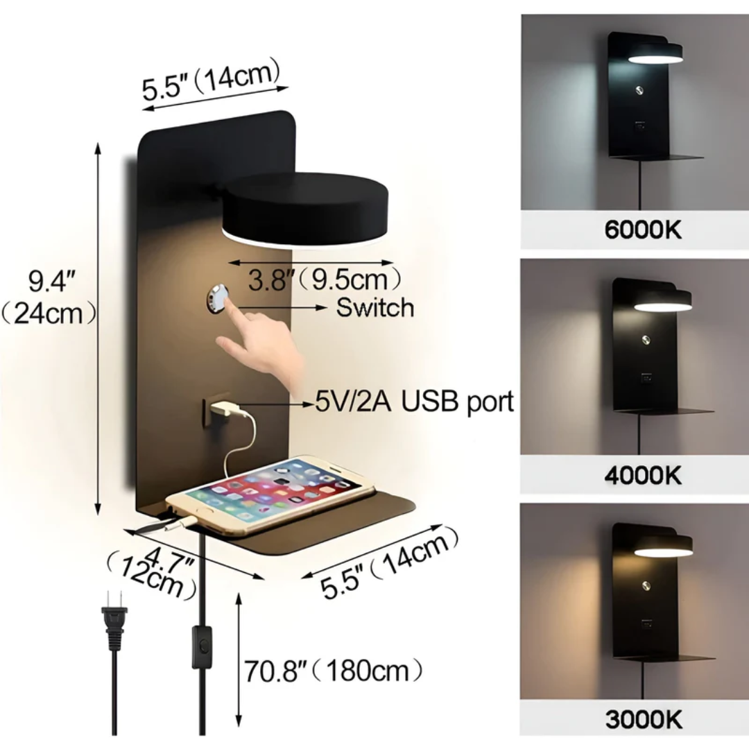 Modern PowerGlow LED wall lamp for living room decor. Offers sleek contemporary lighting and a USB charger.
