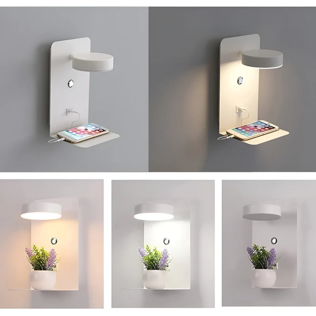 LED wall light with integrated USB charging. Modern, energy-efficient indoor lamp for bedroom, office, or home.