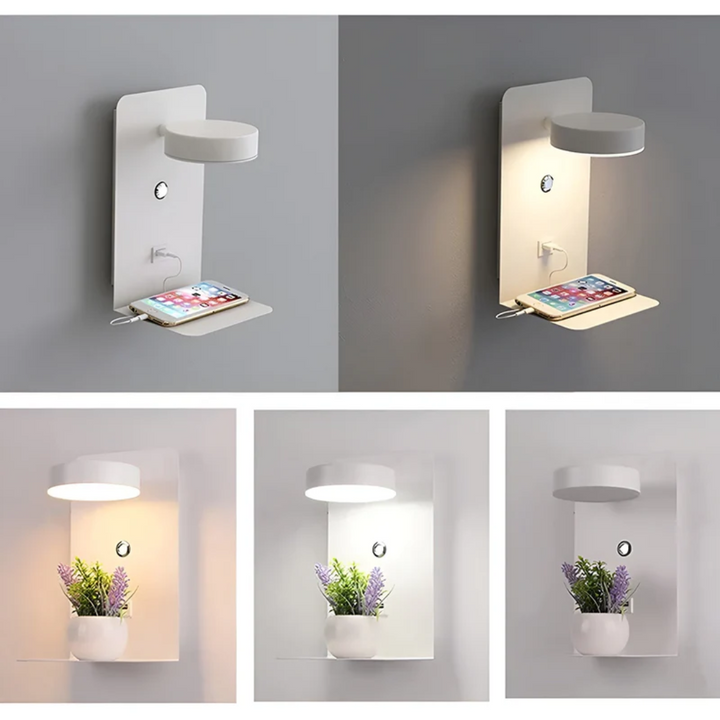 LED wall light with integrated USB charging. Modern, energy-efficient indoor lamp for bedroom, office, or home.