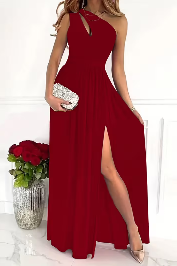 Women's elegant evening maxi dress with a sleek one shoulder design, perfect for special occasions.