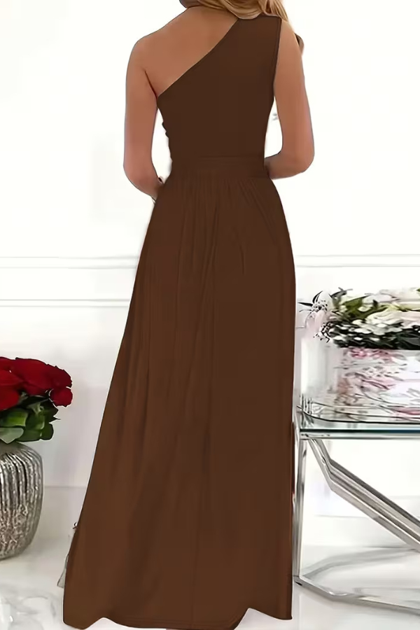 Long elegant one shoulder maxi dress for women, a sleek silhouette for formal evenings & events.