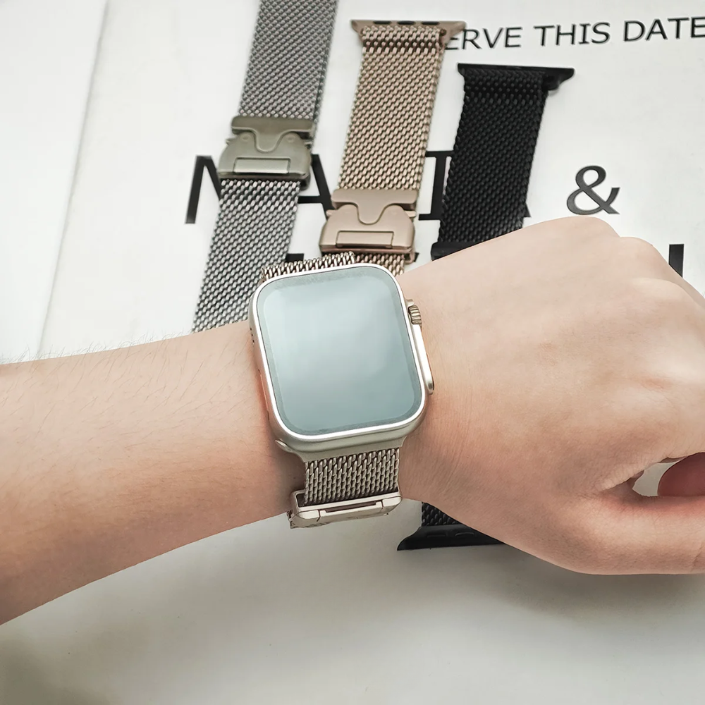 Durable stainless steel mesh Apple Watch strap for unisex wear. Stylish and scratch-resistant watch accessory.
