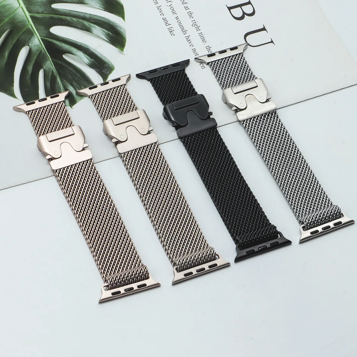 Stylish stainless steel mesh Apple Watch band. A comfortable, durable unisex watch strap accessory for Apple Watches.