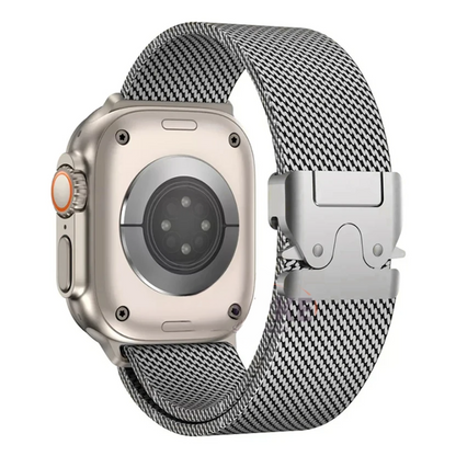 Scratch-resistant stainless steel Apple Watch band. A durable and stylish unisex metal watch strap accessory.