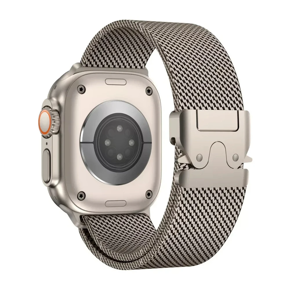 Durable stainless steel Apple Watch strap, a stylish unisex metal band accessory for active lifestyles.