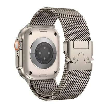 Durable stainless steel Apple Watch strap, a stylish unisex metal band accessory for active lifestyles.