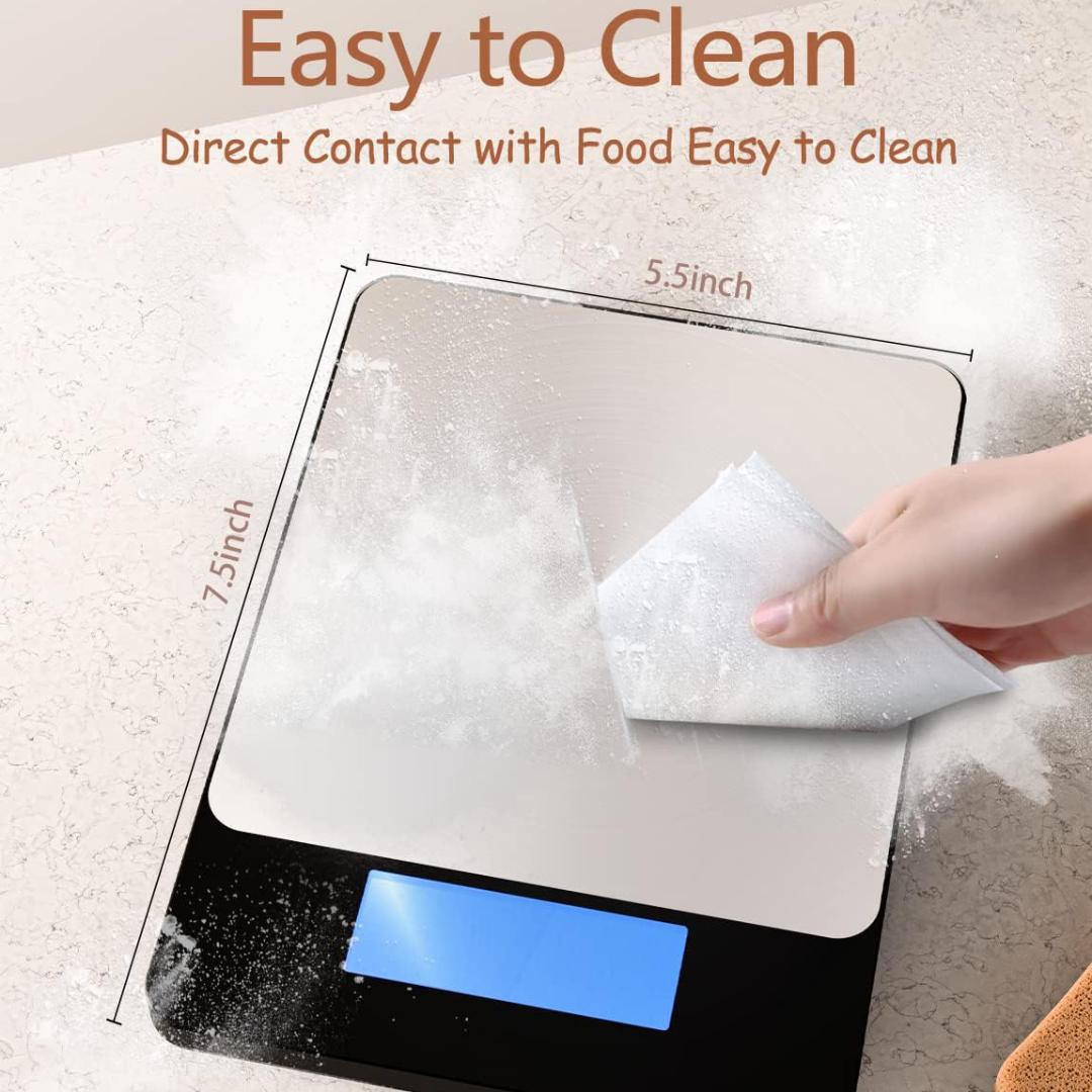 Accurate digital kitchen scale in stainless steel, designed for precise food, spice, and liquid measurements.