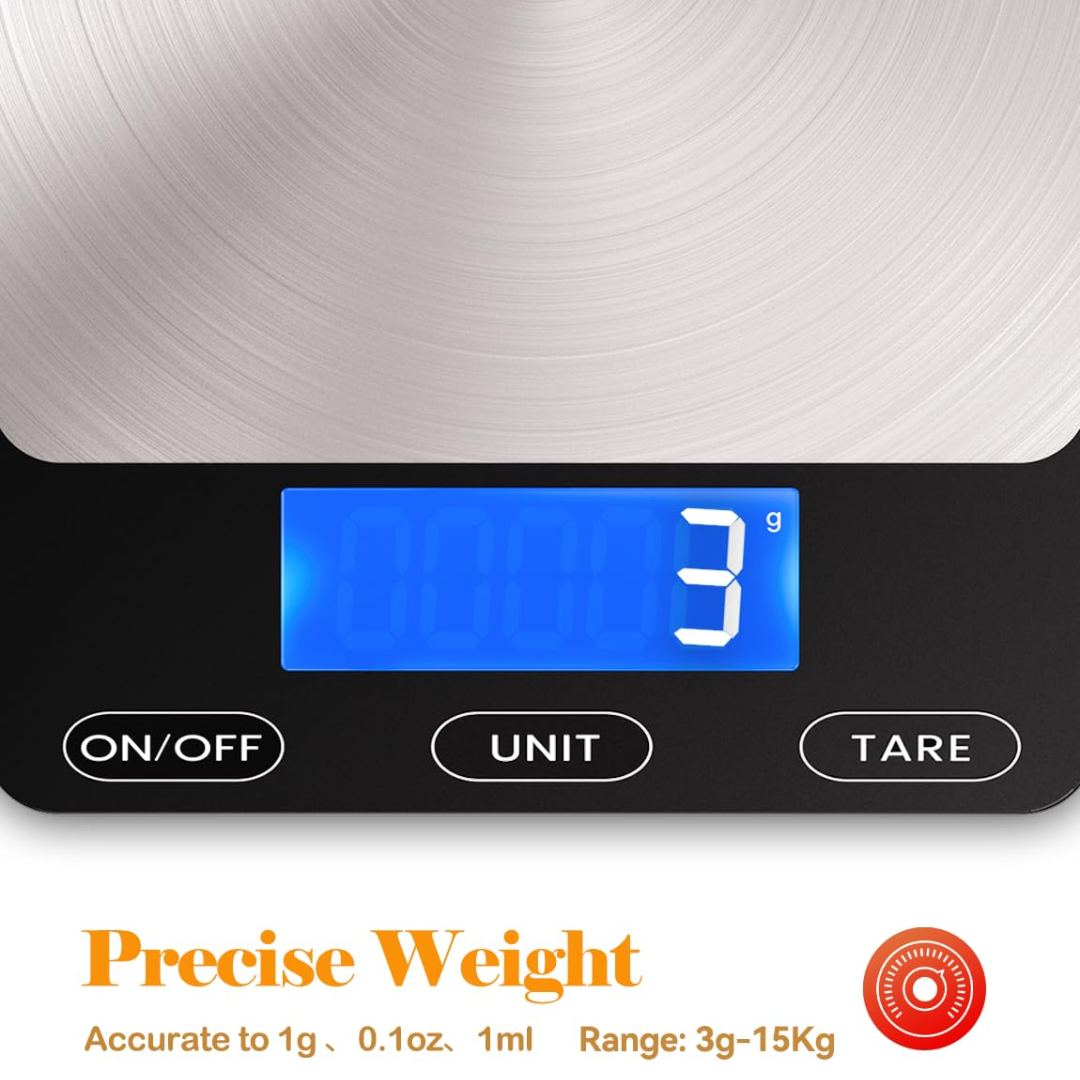High-precision digital baking scale with bright display and rechargeable battery, ensuring perfect recipe results.