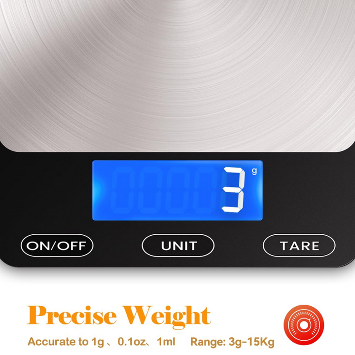 High-precision digital baking scale with bright display and rechargeable battery, ensuring perfect recipe results.