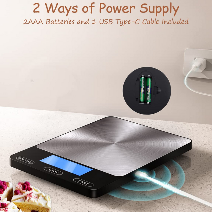 Elegant digital kitchen food scale with a stainless steel surface, for consistent and accurate ingredient weighing.