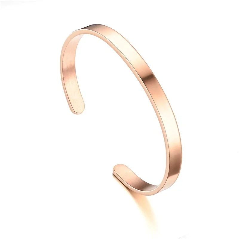 Rose gold minimalist stainless steel cuff bracelet, a sleek and stylish unisex accessory.