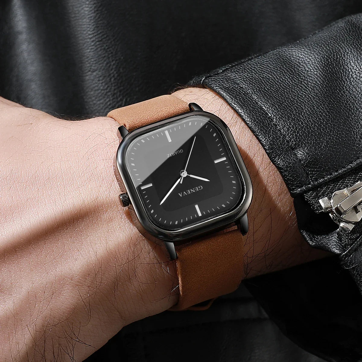 Sleek unisex modern square dial watch, a minimalist fashion timepiece perfect for contemporary style.