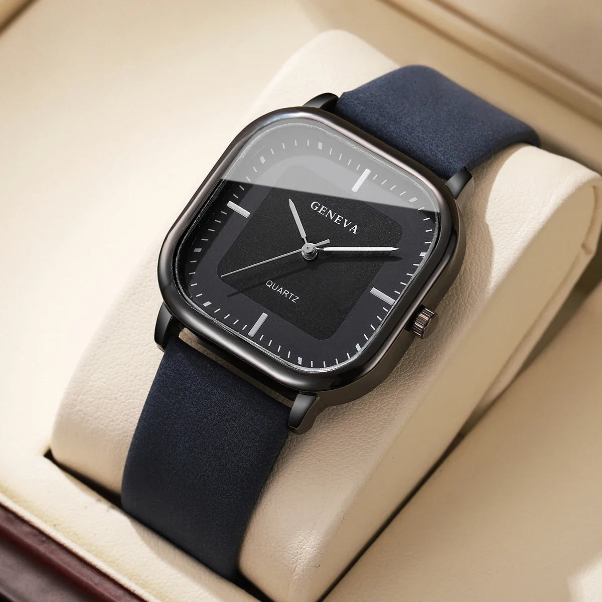 Stylish unisex square watch, a modern minimalist timepiece enhancing any casual or formal outfit.