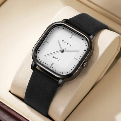Close-up of a modern square dial unisex watch, showcasing its minimalist design and elegant craftsmanship.