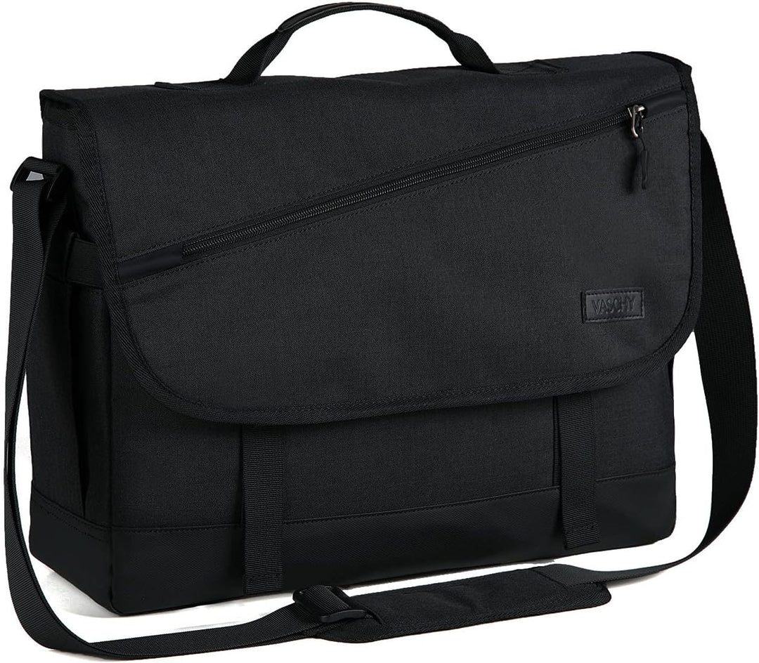 Organized interior of a water-resistant laptop messenger bag, showing padded tech sleeves & secure pockets.