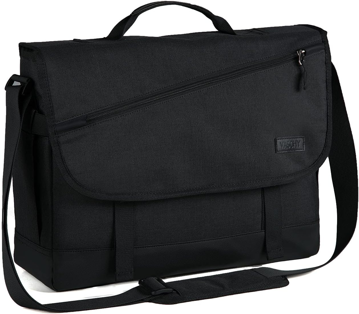 Organized interior of a water-resistant laptop messenger bag, showing padded tech sleeves & secure pockets.
