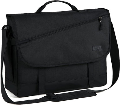 Organized interior of a water-resistant laptop messenger bag, showing padded tech sleeves & secure pockets.