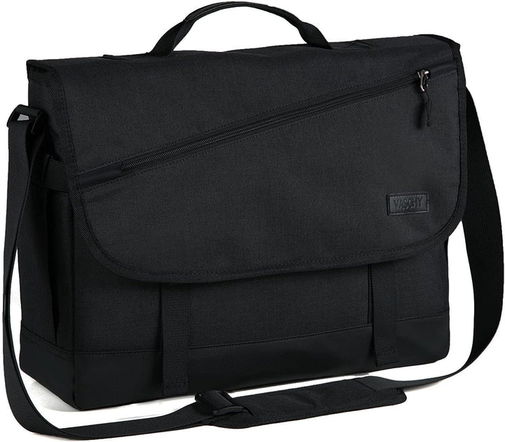 Organized interior of a water-resistant laptop messenger bag, showing padded tech sleeves & secure pockets.