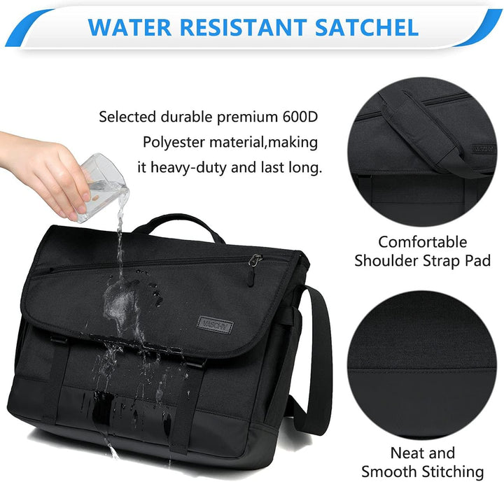 Close-up of secure buckle closure on a water-resistant laptop messenger bag with an adjustable shoulder strap.