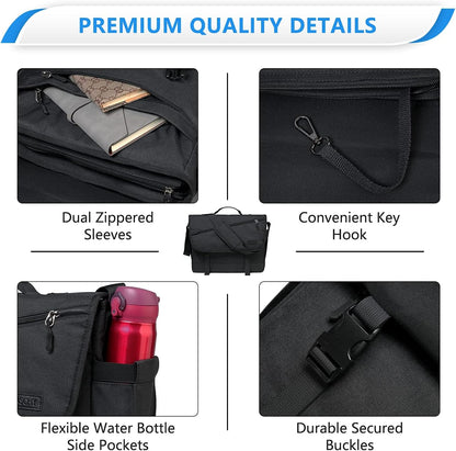 Back view of water-resistant laptop messenger bag, highlighting secure zip pockets & a comfortable carry design.